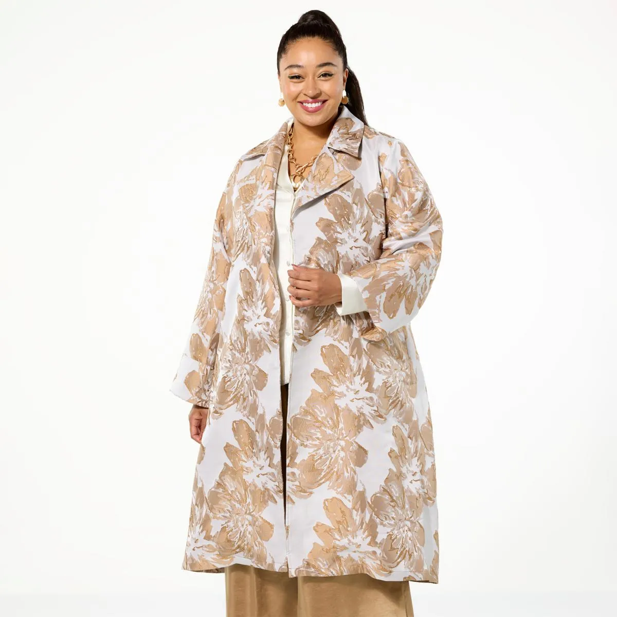      WynneCollection Occasion Floral Jacquard Trench Coat     