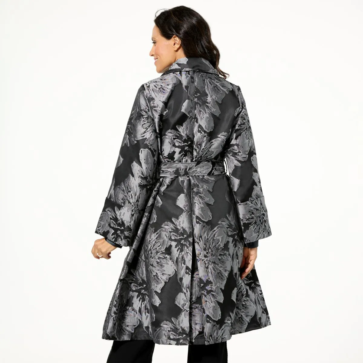      WynneCollection Occasion Floral Jacquard Trench Coat     