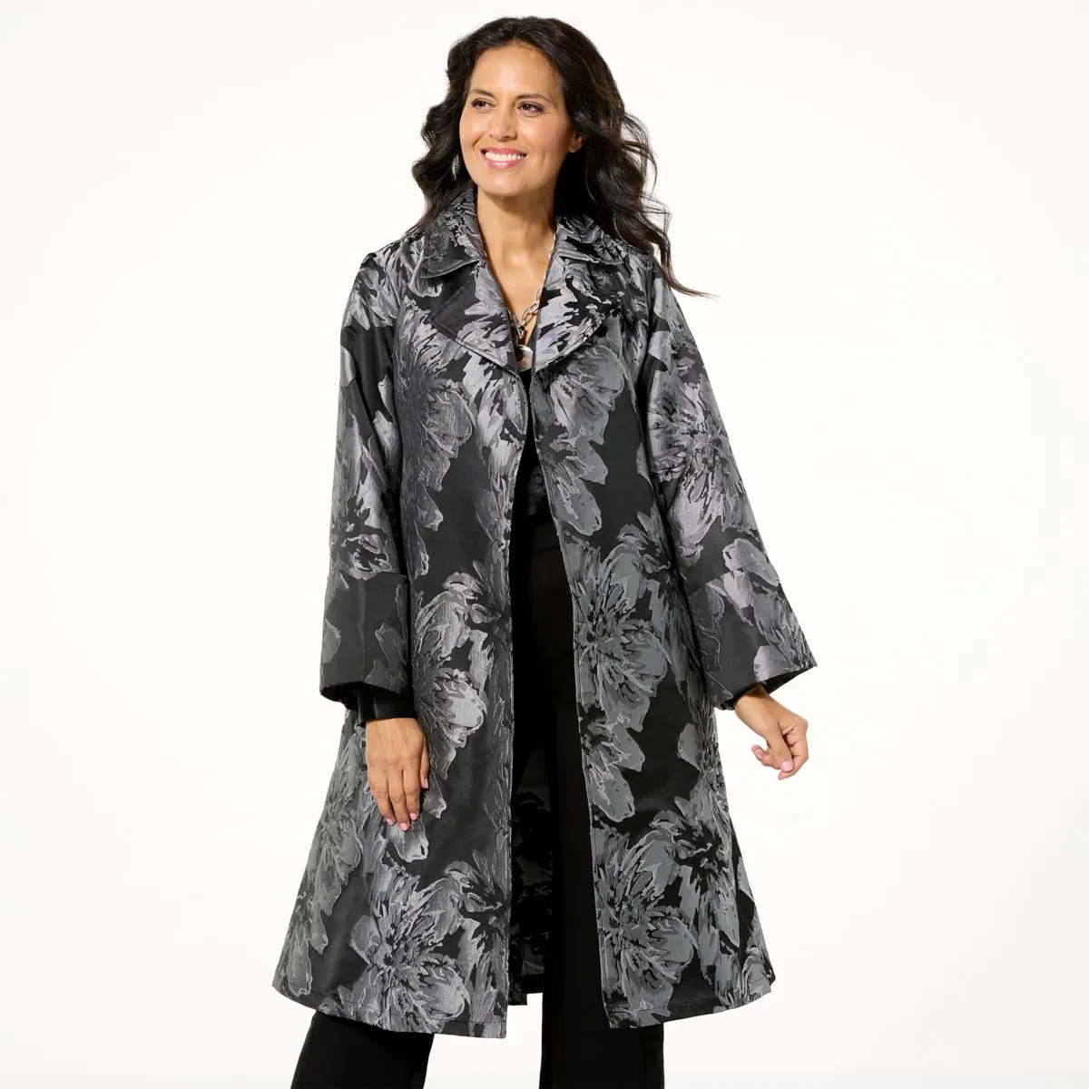      WynneCollection Occasion Floral Jacquard Trench Coat     